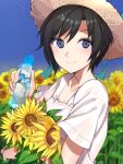  1girl black_hair blue_eyes blurry blurry_background bottle closed_mouth collarbone field flower flower_field hat highres holding holding_bottle idolmaster idolmaster_(classic) kikuchi_makoto looking_at_viewer ramune shiny shiny_hair shirt short_hair short_sleeves smile solo sun_hat sunflower suzumo70 upper_body white_shirt yellow_flower 