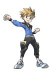  1boy artist_name bangs black_pants black_wristband blue_oak clenched_hands clenched_teeth donnpati full_body highres jacket legs_apart looking_to_the_side male_focus orange_hair pants parted_lips pokemon pokemon_(game) pokemon_masters_ex shoes short_hair simple_background smile solo spiked_hair standing teeth white_background zipper zipper_pull_tab 
