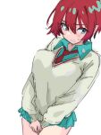  1girl amate_yuzuriha aqua_eyes aqua_shirt aqua_skirt blush breasts collared_shirt commentary_request cowboy_shot gundam gundam_gquuuuuux highres large_breasts long_sleeves looking_at_viewer miniskirt necktie pleated_skirt red_hair red_necktie shirt short_hair simple_background skirt solo sweater ukitamilk white_background white_sweater 