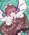  1girl brown_dress dress feathered_wings green_nails grey_eyes halo_higasa happy highres holding_own_dress looking_at_viewer musical_note musical_staff mystia_lorelei nail_polish open_mouth outstretched_arm outstretched_hand red_hair smile solo star_(symbol) touhou treble_clef wings 