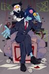  1boy 1other 2525nicc blue_hair blue_skin closed_mouth colored_skin commentary_request covered_eyes cyber_world_(deltarune) dealmaker_(deltarune) deltarune full_body heart heterochromatic_eyewear highres kris_(dark_world)_(deltarune) kris_(deltarune) long_nose necktie no_ears open_mouth pants pointy_nose puppet_strings red_necktie short_hair spamton_g._spamton star_(symbol) teeth tinted_eyewear utdr_(toby_fox) 