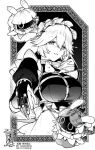  1girl alexandrina_sebastiane anastella_(zenless_zone_zero) bangboo_(zenless_zone_zero) border breasts commentary_request drusilla_(zenless_zone_zero) gloves greyscale hair_between_eyes large_breasts long_hair long_sleeves looking_at_viewer maid maid_headdress monochrome nomunerutaberu ornate_border partially_fingerless_gloves smile zenless_zone_zero 