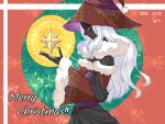  1girl bare_shoulders black_skin christmas closed_eyes colored_eyelashes colored_skin commentary_request dated dress elden_ring elden_ring_nightreign from_side fur-trimmed_dress fur_collar fur_trim hat lipstick long_hair makeup merry_christmas not_4423 recluse_(elden_ring) red_hat santa_costume santa_dress santa_hat smile solo white_eyelashes white_hair wide_sleeves witch_hat 