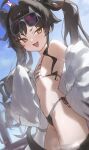  1girl absurdres bikini black_bikini black_hair black_horns black_tail blue_archive breasts coat commentary cowboy_shot curved_horns demon_girl demon_horns demon_tail eyewear_on_head fang from_side gradient_horns halo highres horns kasumi_(blue_archive) kasumi_(swimsuit)_(blue_archive) lab_coat light_blush long_hair looking_at_viewer mismatched_bikini multicolored_horns nanimonine9 navel off_shoulder official_alternate_costume open_clothes open_coat open_mouth red_halo red_horns side-tie_bikini_bottom sleeves_past_fingers sleeves_past_wrists small_breasts smile solo standing striped_bikini striped_clothes sunglasses swimsuit tail turning_head twintails wading water white_coat yellow_eyes 