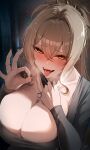  1girl alley azur_lane blush breasts brown_hair cleavage collarbone commentary_request dark_alleyway dongtan_dress dress fellatio_gesture furrowed_brow grey_dress hair_between_eyes hair_intakes highres huge_breasts jewelry lion_(alleyway_temptress)_(azur_lane) lion_(azur_lane) long_hair long_sleeves looking_at_viewer mask mask_pull mouth_mask mouth_mask_under_chin naughty_face necklace official_alternate_costume partial_commentary ponytail saliva scoop_neck sea_nami sidelocks signature smile solo sweat taut_clothes taut_dress teeth tight_clothes tight_dress tongue tongue_out upper_body upper_teeth_only yellow_eyes 