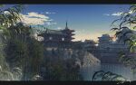  architecture bamboo blue_sky building cloud commentary_request east_asian_architecture gradient_sky letterboxed morning no_humans orange_sky original outdoors pagoda river scenery sky waisshu_(sougyokyuu) 
