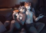  5_fingers anthro black_nose brown_body brown_fur couple_(disambiguation) duo ear_up eyes_closed fingers fur hair hand_holding happy male male/male ocular open_eye orange_body orange_fur pilot sitting smile television trunorth white_body white_fur 