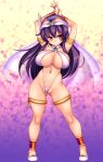  1girl anklet arabian_clothes arabian_moon arms_up ass_visible_through_thighs bikini breasts chabo_(fuketsudan) commentary_request curvy dancer full_body harem_outfit highres hip_dips huge_breasts jewelry legs long_hair micro_bikini navel orange_eyes perfect_soldiers purple_hair revealing_clothes shoes skindentation solo swimsuit thick_thighs thighlet thighs turban wedgie white_bikini white_shoes wide_hips 