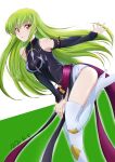  1girl 2020 black_sleeves boots breasts c.c. code_geass dated detached_sleeves floating_hair green_background green_hair hair_between_eyes high_heel_boots high_heels highres leg_up long_hair long_sleeves medium_breasts shiny shiny_hair short_shorts shorts solo standing standing_on_one_leg thigh_boots thighhighs tsuji643163271 two-tone_background very_long_hair white_background white_footwear white_shorts yellow_eyes 