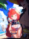  1boy 2girls alice_thymefield alice_thymefield_(sea_of_thyme) animal_ears bangboo_(zenless_zone_zero) beach blue_sky breasts cleavage cloud commentary_request eyewear_on_head green_eyes grin highres kamanosuke_(zenless_zone_zero) komano_manato miss_esme_(zenless_zone_zero) multiple_girls nomunerutaberu ocean official_alternate_costume one-piece_swimsuit one_eye_closed open_mouth pectorals rabbit_ears rabbit_girl red_eyes red_hair sky smile swimsuit ukinami_yuzuha ukinami_yuzuha_(tanuki_in_broad_daylight) zenless_zone_zero 