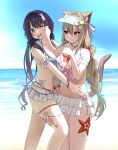  2girls absurdres animal_ears beach bikini bikini_skirt black_hair blue_sky bow bow_bikini braid braided_twintails breasts brown_hair cat_ears cat_girl cat_tail cheek_pinching colored_inner_animal_ears commentary day drooling feet_out_of_frame frilled_bikini frills hair_ornament heart heart-shaped_pupils highres horizon large_breasts long_hair looking_at_viewer looking_to_the_side modon_(abwqe12132) mouth_drool multiple_girls navel neneko_mashiro neneko_mashiro_(5th_costume) ocean outdoors pinching pink_bow rejected_hug shell shell_hair_ornament shirayuki_hina shirayuki_hina_(5th_costume) sky standing starfish stellive summer swimsuit symbol-shaped_pupils tail v-shaped_eyebrows very_long_hair virtual_youtuber white_bikini 