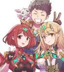  1boy 2girls bangs blonde_hair blush breasts brown_eyes brown_hair chest_jewel dress earrings elbow_gloves fingerless_gloves gloves headpiece jewelry large_breasts long_hair multiple_girls mythra_(xenoblade) pantyhose pyra_(xenoblade) red_eyes red_hair red_shorts rex_(xenoblade) short_hair short_shorts shorts super_smash_bros. swept_bangs xenoblade_chronicles_(series) xenoblade_chronicles_2 yazwo yellow_eyes 