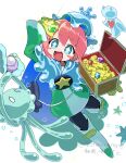  +_+ 1boy absurdres air_bubble arm_up bag black_bag black_pantyhose blue_cape blue_eyes blue_gem blue_hat blush_stickers boots bubble cape coin commentary_request full_body gem glint gold_coin green_boots green_gem green_tunic hat heart highres holding holding_gem holding_pearl jellyfish liquid_clothes looking_at_object male_focus motimoti_mgmg ocean_prince official_alternate_costume open_mouth pantyhose pink_hair purple_gem puyopuyo puyopuyo_quest red_gem salde_canarl_shellbrick_iii salde_canarl_shellbrick_iii_(undersea_traveler) sea_angel shoulder_bag smile solo star_(symbol) starfish thigh_boots treasure_chest tunic twitter_username 