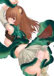  1girl absurdres adapted_costume animal_ears armor arms_up ass back bare_shoulders black_the_brawl blunt_bangs blush bound bound_wrists breastplate breasts broken_armor brown_armor brown_hair commentary_request cowboy_shot curvy detached_sleeves grabbed_by_tentacles highres large_breasts leather_armor long_hair looking_at_viewer looking_back metal_arm_cuffs nipples nose_blush open_mouth panties pink_eyes pink_panties pinstripe_sleeves raccoon_ears raccoon_girl raccoon_tail raphtalia simple_background skindentation skirt solo tail tanuki tate_no_yuusha_no_nariagari tentacles thick_thighs thighhighs thighs three-quarter_sleeves torn_clothes underwear white_background white_skirt white_thighhighs 