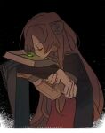  1boy 1girl animal_ears black_background black_dress black_shirt brown_hair child cloak closed_eyes collar commentary_request cropped_torso dress green_cloak grey_dress hair_between_eyes hand_up hands_up highres iwatani_naofumi kissing_object kissing_shield layered_dress legendary_shield_(small_shield)_(tate_no_yuusha_no_nariagari) legendary_shield_(tate_no_yuusha_no_nariagari) long_hair long_sleeves messy_hair metal_collar metal_wrist_cuffs out_of_frame parted_bangs raccoon_ears raccoon_girl raphtalia red_dress shirt short_sleeves soko solo_focus tanuki tate_no_yuusha_no_nariagari two-tone_dress upper_body 