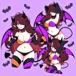  1girl bat_(animal) bat_wings bikini black_horns black_tail black_wings breasts cleavage demon demon_girl demon_horns demon_tail demon_wings full_body horns large_breasts long_hair mizzu_(mizzuiita) mizzuiita orange_bikini orange_thighhighs original pointy_ears purple_background purple_bikini purple_thighhighs simple_background smile solo spanish_commentary striped_clothes striped_thighhighs swimsuit tail thighhighs very_long_hair wings yellow_eyes 