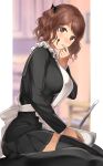  1girl amagami apron bangs black_legwear black_sailor_collar black_shirt black_skirt bowl breasts brown_eyes brown_hair chocolate chocolate_on_face commentary_request food food_on_face from_side hair_ribbon highres ladle large_breasts looking_at_viewer looking_to_the_side nakata_sae parted_lips pleated_skirt ribbon sailor_collar school_uniform serafuku serizawa_(serizawaroom) shirt short_hair short_twintails sitting skirt solo thighhighs twintails valentine wariza white_apron zettai_ryouiki 
