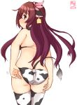  1girl adjusting_clothes adjusting_swimsuit alternate_costume animal_ears animal_print artist_logo bikini brown_eyes brown_hair butt_plug commentary_request cow_ears cow_horns cow_print cow_tail cowboy_shot dated disconnected_mouth fake_animal_ears fake_horns from_behind gradient_hair hair_ornament highres horns kanon_(kurogane_knights) kantai_collection kisaragi_(kancolle) long_hair looking_at_viewer multicolored_hair purple_hair sex_toy side-tie_bikini simple_background smile solo swimsuit tail thighhighs white_background white_bikini white_legwear 