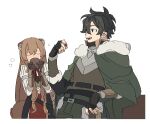 1boy 1girl animal_ears armor belt belted_jacket black_belt black_dress black_gauntlets black_hair black_shirt blush breastplate brown_gauntlets brown_hair brown_jacket chest_guard cloak closed_eyes commentary_request cropped_legs cup dress drinking drunk eating fingerless_gauntlets food fur-trimmed_armor fur-trimmed_jacket fur_trim green_cloak green_eyes green_pants hair_between_eyes highres holding holding_cup holding_food iwatani_naofumi jacket layered_dress leaning_back long_hair long_sleeves messy_hair metal_arm_cuffs neck_ribbon pants raccoon_ears raccoon_girl raccoon_tail raphtalia red_dress red_ribbon ribbon shirt short_hair short_sleeves sleeveless sleeveless_dress soko straight_hair swept_bangs tail tanuki tate_no_yuusha_no_nariagari two-tone_armor two-tone_dress white_background white_dress white_fur wooden_cup 