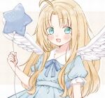  1girl :d ahoge alternate_costume alternate_eye_color aqua_eyes bad_id bad_twitter_id balloon bird_girl bird_wings blonde_hair blue_dress blush child commentary_request curtained_hair dress feathered_wings filo_(tate_no_yuusha_no_nariagari) hand_up highres holding holding_balloon long_hair mashiro_v_046 missing_commentary open_mouth ribbon short_sleeves simple_background smile solo star_balloon straight_hair tate_no_yuusha_no_nariagari waist_ribbon white_background white_ribbon white_wings wings 