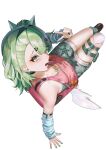  1girl absurdres aria_(human)_(zenless_zone_zero) aria_(zenless_zone_zero) arm_warmers bag bare_shoulders blush breasts character_print choker cleavage from_behind green_eyes green_hair hair_ornament hairclip highres itz_bob21 leaning_back looking_at_viewer multiple_thigh_straps nangong_yu official_alternate_costume open_mouth pink_bag pink_shirt self_character_print shirt shorts simple_background single_thighhigh sitting small_breasts solo striped_arm_warmers sunna_(delusions_in_business)_(zenless_zone_zero) sunna_(zenless_zone_zero) thigh_strap thighhighs v white_background white_thighhighs white_wings winged_bag wings zenless_zone_zero 