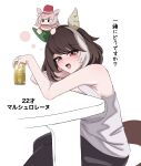  1girl absurdres aged_up animal_ears bare_shoulders beer_can black_pants blush brown_hair can character_name commentary_request drink_can from_side haremetcken highres holding holding_can horse_ears looking_at_viewer marche_lorraine's_puppet marche_lorraine_(umamusume) mismatched_ear_covers multicolored_hair pants purple_eyes short_hair simple_background sitting sleeveless smile solo squeans streaked_hair umamusume white_background 