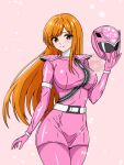  1girl alternate_breast_size_(larger) alternate_hair_color animification assault_visor belt belt_buckle blush bodysuit breasts buckle closed_mouth collarbone commentary cowboy_shot elbow_gloves gloves hand_up helmet high_collar holding holding_unworn_helmet kiramei_pink large_breasts legs_together light_particles long_hair looking_at_viewer mashin_sentai_kiramager ooharu_sayo orange_eyes orange_hair pink_background pink_bodysuit pink_gloves pink_helmet pink_skirt pink_theme rai3star shoulder_pads silver_trim simple_background skirt smile solo sparkle split_mouth super_sentai swept_bangs tokusatsu unworn_headwear unworn_helmet white_belt 