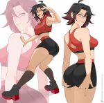  1girl arms_up artist_name ass boots breasts commentary cropped_hoodie english_commentary english_text grey_hair hands_on_own_ass high_heel_boots high_heels highres hood hoodie looking_at_viewer looking_back medium_breasts multicolored_hair patreon_username poses red_streaks ruby_rose rwby short_hair shorts skin_tight smile streaked_hair yellow_nicky 