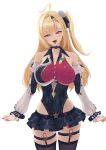  1girl absurdres ahoge bare_shoulders black_skirt black_thighhighs blonde_hair breasts chalky_(zenless_zone_zero) cissia_(zenless_zone_zero) commentary_request cowboy_shot detached_sleeves donutman0112 hair_between_eyes hair_ornament highres large_breasts long_hair looking_at_viewer metal_wrist_cuffs open_mouth pink_nails pom_pom_(clothes) pom_pom_hair_ornament red_eyes simple_background skirt snake solo thighhighs underboob white_background white_snake zenless_zone_zero 