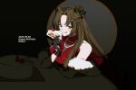  19690720 1girl animal_ears bare_arms bare_shoulders bear_ears black_background blue_eyes breasts brown_hair cake character_name cleavage_cutout clothing_cutout commentary_request dress eating food fruit fur_scarf gloves happy_birthday highres jewelry korean_commentary large_breasts licking_lips limbus_company long_hair necklace pearl_necklace project_moon red_dress rodion_(project_moon) solo spotlight strawberry tongue tongue_out 