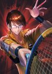  1boy aiming aiming_at_viewer arm_up armband black_armband brown_hair collarbone collared_shirt commentary_request ganbariiiyo glasses glint grin highres holding holding_tennis_racket male_focus open_hand racket red_background shirt short_hair short_sleeves smile smirk solo sportswear star_(symbol) tennis_no_ouji-sama tennis_racket tennis_uniform upper_body yagyuu_hiroshi yellow_shirt 