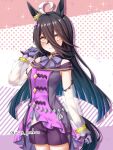  1girl ahoge animal_ears bare_shoulders black_hair blush bow bowtie breasts closed_mouth commentary_request cosplay dress gloves grey_bow grey_bowtie hair_between_eyes highres horse_ears horse_girl horse_tail long_hair long_sleeves looking_at_viewer manhattan_cafe_(umamusume) multicolored_hair narita_top_road_(the_proud_road)_(umamusume) narita_top_road_(umamusume) narita_top_road_(umamusume)_(cosplay) purple_dress purple_shorts shorts small_breasts smile solo tail umamusume yellow_eyes yuusen_(aenka) 