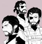  1boy beard expressionless eyepatch facial_hair horns male_focus metal_gear_(series) metal_gear_solid_v monochrome multiple_views parted_lips ponytail scar scar_across_eye scar_on_cheek scar_on_face scar_on_mouth short_hair single_horn smile sodayabp solo turtleneck upper_body venom_snake 