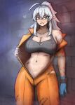  1girl ahoge blue_eyes blue_gloves bra breasts cleavage cuffs fangs frostwallart general_geega general_geega_(criminal) gloves grey_bra grey_hair hair_between_eyes handcuffs heart heterochromia highres indie_virtual_youtuber jumpsuit large_breasts looking_at_viewer navel orange_jumpsuit partially_unbuttoned pointy_ears ponytail prison_clothes red_eyes scar scar_on_arm sweat torn_clothes underwear virtual_youtuber 