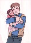  1boy 1girl aged_down aged_up baby black_pants blue_shirt blush brown_hair brown_vest carrying carrying_baby carrying_person closed_eyes deliah_edwards facial_hair five_nights_at_freddy's harry_hurst highres holding long_hair looking_at_another one_eye_closed open_clothes open_vest pants parted_lips red_eyes red_hair rusizel shirt short_hair smile springtrap_and_deliah time_paradox toddler vest 