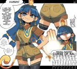  2girls ass belt biden_blast_(meme) black_thighhighs blue_eyes blue_hair brown_belt brown_shirt brown_shorts cargo_shorts closed_mouth collared_shirt commentary curse_of_ra_(meme) dushiido earrings egypt english_commentary english_text facial_mark gold_buckle gold_earrings gold_hairband gold_headwear hair_ornament hairband hakurei_reimu hieroglyphics highres holding holding_polearm holding_weapon jewelry key key_earrings long_hair meme michigami_nareko multiple_girls polearm scepter shirt short_sleeves shorts smile sphere_hair_ornament tattoo thigh_gap thighhighs touhou triangle triangle_facial_mark weapon 