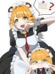  1girl absurdres animal_ear_fluff animal_ears apron black_dress blonde_hair blush cake cheek_pinching cheek_pull colored_inner_hair commentary_request dress food frilled_apron frills green_eyes hand_up hands_on_another's_cheeks hands_on_another's_face highres ju_fufu long_hair maid maid_apron maid_headdress multicolored_hair open_mouth oro_(lsg0624) pinching pov pov_hands puffy_short_sleeves puffy_sleeves short_sleeves simple_background striped_fur striped_hair tiger_ears tiger_girl waist_apron white_apron white_background white_hair white_wrist_cuffs wiping wiping_face wrist_cuffs zenless_zone_zero 