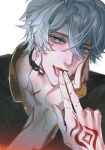  2boys bite_mark biting biting_another's_hand black_choker blue_eyes choker commentary finger_to_another's_mouth finger_to_mouth grabbing_another's_face hand_tattoo head_grab highres honkai:_star_rail honkai_(series) male_focus multiple_boys mydei_(honkai:_star_rail) phainon_(honkai:_star_rail) red_tattoo saliva solo_focus tattoo tongue tongue_out white_hair xiixiix31075929 yaoi 