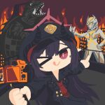  >_o 2girls :q alien black_hair black_hat black_horns black_shirt black_skirt blue_archive camearra camera chiaki_(blue_archive) chibi city collared_shirt commentary crossover curved_horns demon_girl demon_horns digital_camera fire gamera gamera_(series) halo hat holding holding_tripod horns jupiter1390 kaiju long_hair microsoft_paint_(medium) multicolored_horns multiple_girls necktie on_rooftop one_eye_closed peaked_cap pointing pointy_ears red_eyes red_halo red_horns red_necktie selfie shirt skirt smile tokusatsu tongue tongue_out tripod two-tone_horns ultra_series ultraman_tiga:_the_final_odyssey ultraman_tiga_(series) untranslatable_commentary 