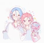  2boys alternate_costume bag beret bespectacled blue_bag blue_hair blue_vest blush character_hair_ornament commentary cropped_torso cross-laced_clothes cross-laced_sleeves earclip ensemble_stars! glasses glowstick grin hair_between_eyes hair_ornament hand_fan hand_fan_writing hand_up hands_up hat heart highres himeru_(ensemble_stars!) holding holding_fan holding_glowstick holding_stuffed_toy itabag long_hair_between_eyes long_sleeves looking_at_viewer male_focus multiple_boys oshikatsu oukawa_kohaku paper_fan penlight_(glowstick) pink_hair purple_eyes semi-rimless_eyewear shirt short_hair shoulder_bag smile star_(symbol) stuffed_toy sweater sweater_vest translated uchiwa untranslatable_commentary vest white_background white_hat white_shirt white_sweater x1ch3n_050919 yellow_eyes 
