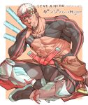  1boy abs bara belt black_headband black_leggings black_shrug brown_haori bulge chest_hair commentary_request facial_hair full_body genji_(live_a_hero) goatee hand_on_own_hip haori head_rest headband hima_(nichikan) indian_style japanese_clothes large_pectorals leggings live_a_hero long_sideburns looking_at_viewer male_focus muscular muscular_male mustache_stubble official_artist_extra old old_man one_eye_closed pectorals red_belt shin_guards short_hair shrug_(clothing) sideburns sitting skin_tight solo stubble tabi translation_request weapon weapon_on_back white_hair 
