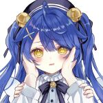  1girl 1other ahoge amamiya_kokoro amamiya_kokoro_(1st_costume) bell beret blue_hair blush bow bowtie commentary_request dress hair_intakes hair_ornament hair_ribbon harusame8633 hat jingle_bell long_hair nijisanji portrait pov pov_hands ribbon sailor_collar sailor_dress sidelocks simple_background swept_bangs twintails virtual_youtuber white_background wings x_hair_ornament yellow_eyes 
