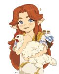  1girl animal basket bird blue_eyes blush bottle brown_hair chicken commentary cowboy_shot cucco curtained_hair dress english_commentary flipped_hair highres holding holding_animal holding_basket holding_bird horse_print long_hair long_pointy_ears malon middle_part milk_bottle notice_lines open_mouth parted_hair pointy_ears shawl short_sleeves sidelocks simple_background smile solanine solo teeth the_legend_of_zelda the_legend_of_zelda:_ocarina_of_time the_legend_of_zelda:_ocarina_of_time_(remake) thick_eyebrows upper_teeth_only white_background white_dress yellow_shawl young_malon 