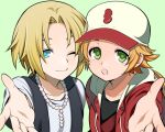  2boys baseball_cap bead_necklace beads black_shirt black_vest blonde_hair blue_eyes closed_mouth commentary_request dissidia_duellum_final_fantasy dissidia_final_fantasy final_fantasy final_fantasy_iii final_fantasy_ix green_background green_eyes hat heads_together hood hood_down jacket jewelry looking_at_viewer mamemaru09 multiple_boys necklace official_alternate_costume one_eye_closed onion_knight onion_knight_(knight_in_shining_streetwear) open_clothes open_hand open_jacket open_mouth outstretched_hand red_jacket shirt short_hair smile t-shirt upper_body vest white_shirt zidane_tribal zidane_tribal_(vacationing_thief) 