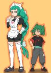  1boy 1girl apron ba_batayan black_jacket black_romper black_shoes brown_eyes closed_mouth color_connection commentary_request green_hair green_shirt grey_pants hair_color_connection hand_on_own_hip hand_up hands_on_own_hips headdress highres jacket lebanne_(pokemon) long_hair medium_hair pants pokemon pokemon_(anime) pokemon_horizons pokemon_legends:_z-a romper shirt shoes standing thighhighs trait_connection ult_(pokemon) white_apron white_thighhighs yellow_background 