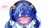  1girl ahoge amamiya_kokoro amamiya_kokoro_(1st_costume) aqua_dress bell beret blue_hair blush commentary_request dress embarrassed hair_intakes hair_ornament hat heart heart-shaped_pupils highres jingle_bell kano3 long_hair nijisanji portrait sailor_collar sailor_dress sidelocks simple_background solo speech_bubble sweatdrop swept_bangs symbol-shaped_pupils twintails virtual_youtuber wings x_hair_ornament yellow_eyes 
