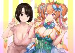  2girls :3 absurdres ahoge bare_shoulders blue_bow blue_skirt blush bob_cut bonnie_(bunny_gif) bow breasts brown_eyes brown_hair bunny_ayumi carrot_hair_ornament cleavage closed_mouth commentary dress english_commentary food_themed_hair_ornament hair_bow hair_ornament hand_up hands_up heart heart-shaped_pupils highres indie_virtual_youtuber large_breasts looking_at_viewer medium_hair multicolored_hair multiple_girls neonbeat orange_hair pink_dress pink_eyes real_life short_sleeves skirt smile streaked_hair striped striped_background striped_dress symbol-shaped_pupils twintails underbust v 