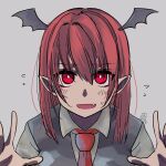  1girl :d bangs bright_pupils collared_shirt eyebrows_visible_through_hair fang flying_sweatdrops grey_background grey_vest hair_between_eyes hands_up head_wings koakuma long_hair looking_at_viewer maccha_(matcha69) necktie nervous_smile open_mouth pointy_ears red_eyes red_hair red_neckwear shirt signature simple_background smile solo sweat touhou upper_body vest white_pupils white_shirt 