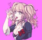  1girl bangs black_nails black_shirt blue_eyes bra breasts choker cleavage collarbone commentary_request cropped_torso danganronpa:_trigger_happy_havoc danganronpa_(series) danganronpa_2:_goodbye_despair enoshima_junko eyebrows_visible_through_hair fangs gwanlamcha hand_up heart highres hinata_hajime holding imminent_vore large_breasts long_hair miniboy nail_polish navel necktie open_mouth pants pink_background shirt simple_background sleeves_folded_up smile solo stomach tongue tongue_out twintails underwear upper_body wavy_hair 