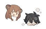  1boy 1girl :d anger_vein angry animal_ear_fluff animal_ears black_eyes black_hair brown_hair chibi commentary_request happy head_only iwatani_naofumi long_hair messy_hair open_mouth pink_eyes raccoon_ears raccoon_girl raphtalia sharp_teeth short_hair simple_background smile soko straight_hair tanuki tate_no_yuusha_no_nariagari teeth white_background 